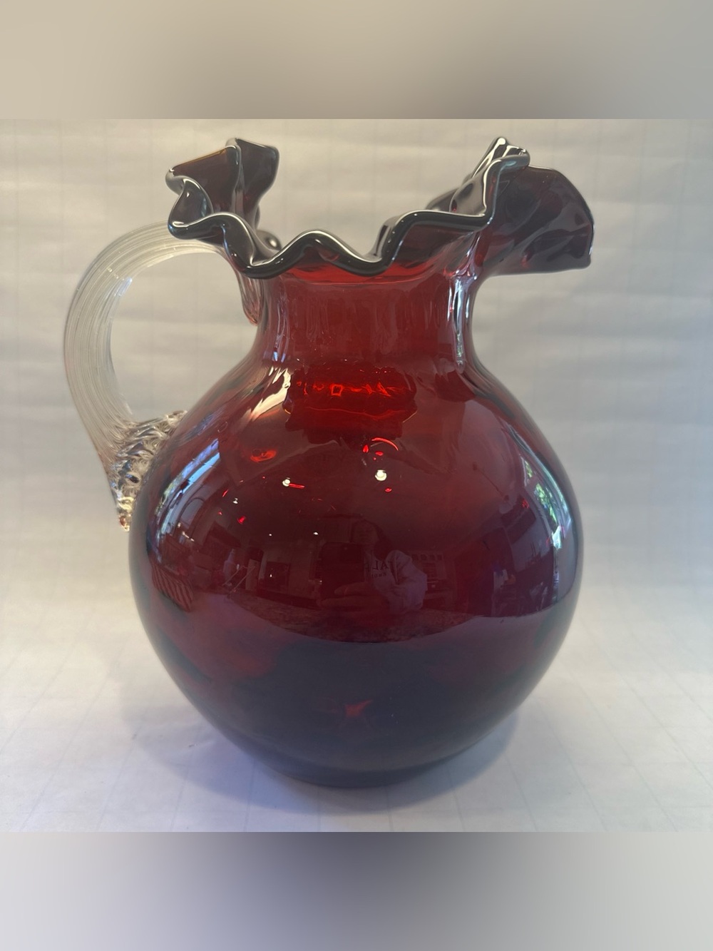 Vintage Red Ruffled 9.5" Blown Glass Pitcher Inverted Thumbprint Applied Handle